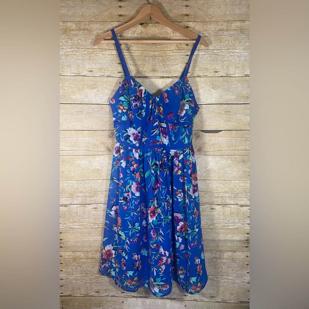 Nicole Miller sz 4 Blue Multi Floral Spaghetti Strap Fit & Flare Dress NWOT